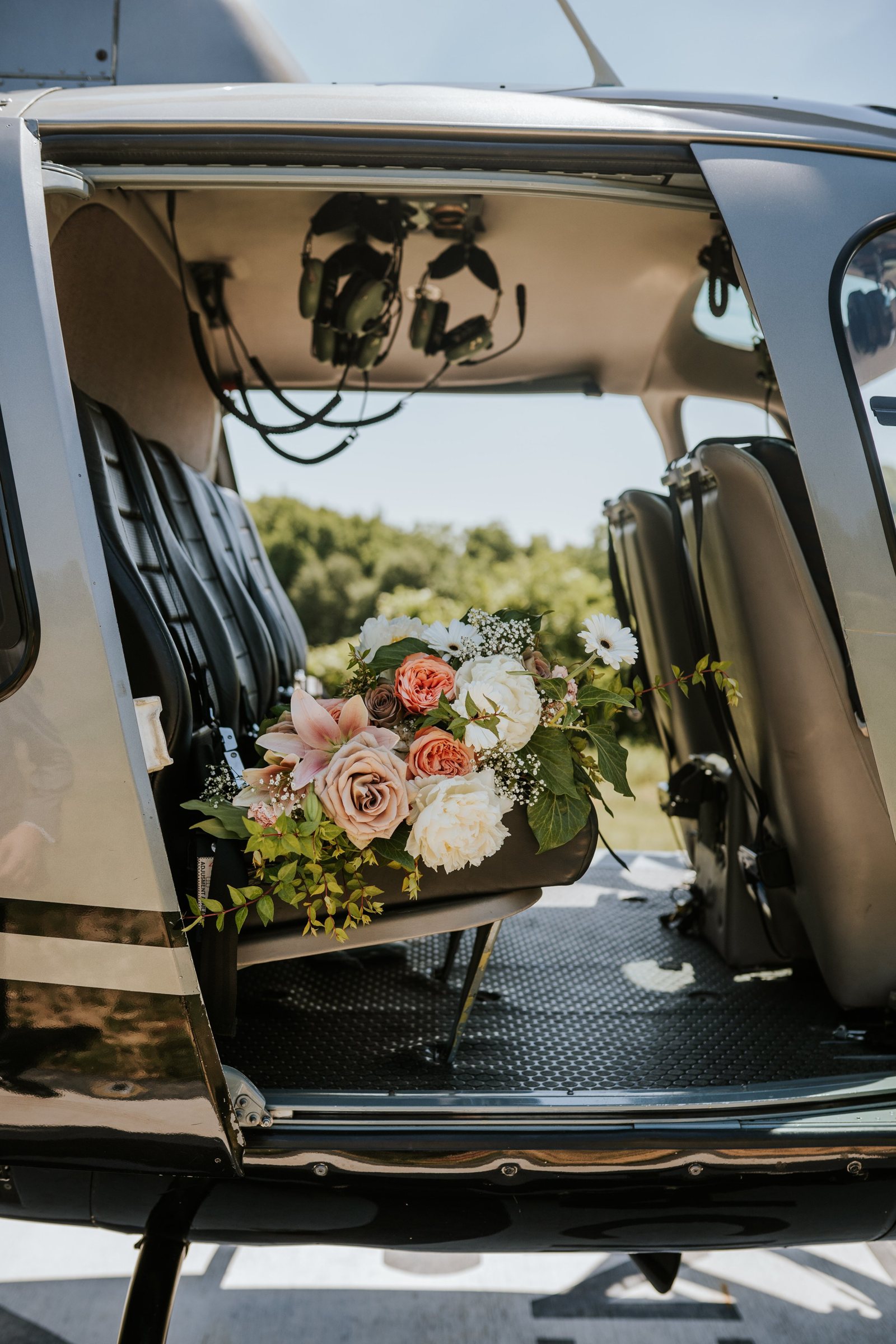 Wedding bouquet in the helicopter cabin
